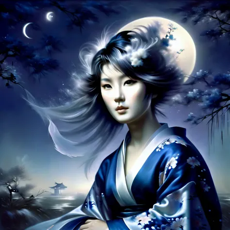 ghost in the moonlight，unhappy young woman in kimono、airbrush style, beautiful details