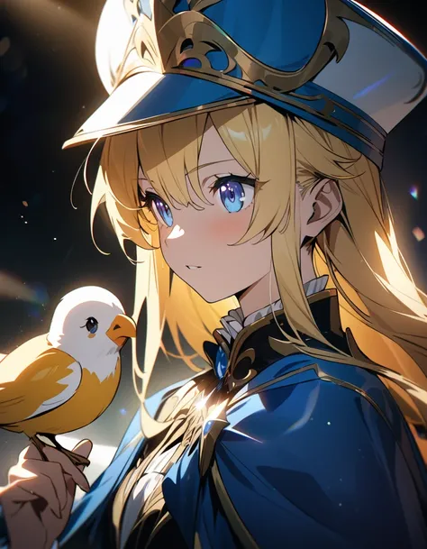 "{{masterpiece}}, Highest quality, Cinema Lighting, Captivating lens flare,Wearing a blue cape and hat、Anime character holding a bird, Portrait of the Magical Blonde Prince, Inspired by Le Chevalier,Machiavelli&#39;s Puppet Master, okita sougo, 青い目をした背の高いア...