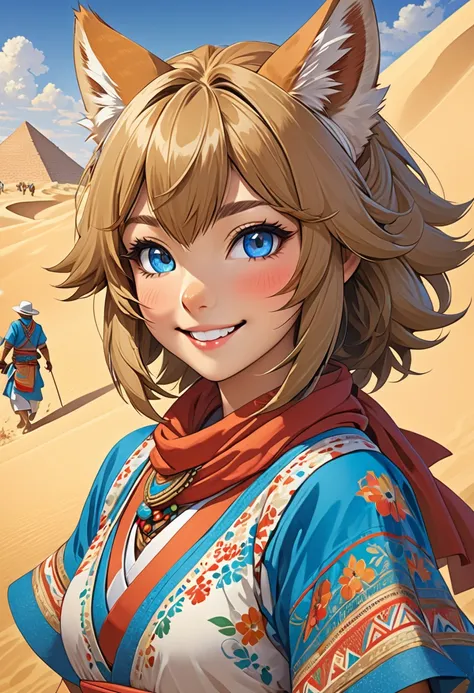 top quality, best quality, High-quality illustrations, masterpiece, super high resolution, detailed background, detailed background, desert, sand dunes, pyramid, Traditional costumes, boys, girls, Happy, joyful, absurdres(highly detailed beautiful face and...