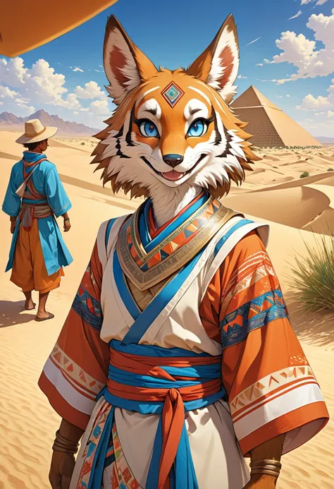 top quality, best quality, High-quality illustrations, masterpiece, super high resolution, detailed background, detailed background, desert, sand dunes, pyramid, Traditional costumes, boys, girls, Happy, joyful, absurdres(highly detailed beautiful face and...