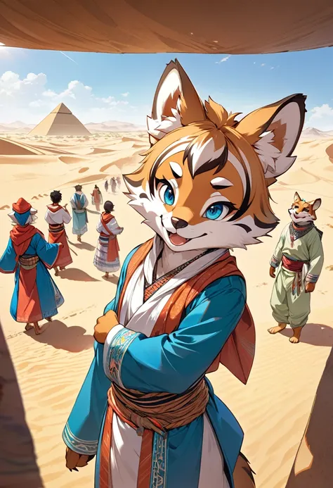 top quality, best quality, High-quality illustrations, masterpiece, super high resolution, detailed background, detailed background, desert, sand dunes, pyramid, Traditional costumes, boys, girls, Happy, joyful, absurdres(highly detailed beautiful face and...