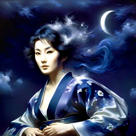 ghost in the moonlight，unhappy young woman in kimono、airbrush style, beautiful details、the lower half of the body becomes smoky