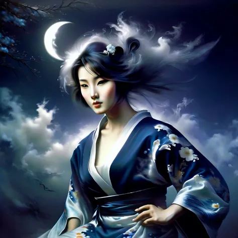 Ghost in the Moonlight，Unhappy young woman in kimono、Airbrush Style, Beautiful details、The lower half of the body becomes smoky