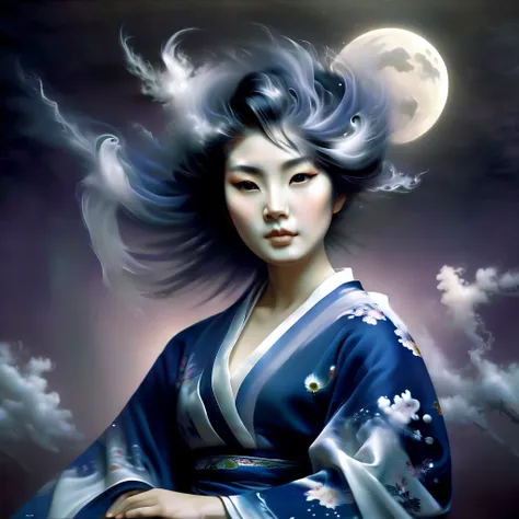 ghost in the moonlight，unhappy young woman in kimono、airbrush style, beautiful details、the lower half of the body becomes smoky