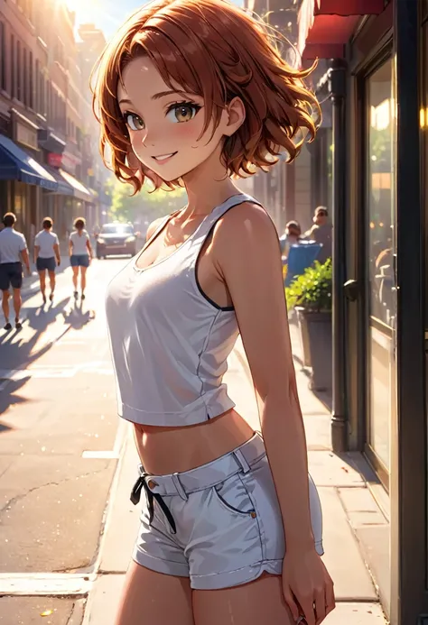 ((mid-chest, tomboy, small head)), daylight, sunlight, (well-defined abs: 1.1), (perfect body: 1.1), (short wavy hair: 1.2), russet hair, full-body photos, crowded streets, wearing white vests, ((shorts)), (extremely detailed CG 8k wallpaper), (extremely d...