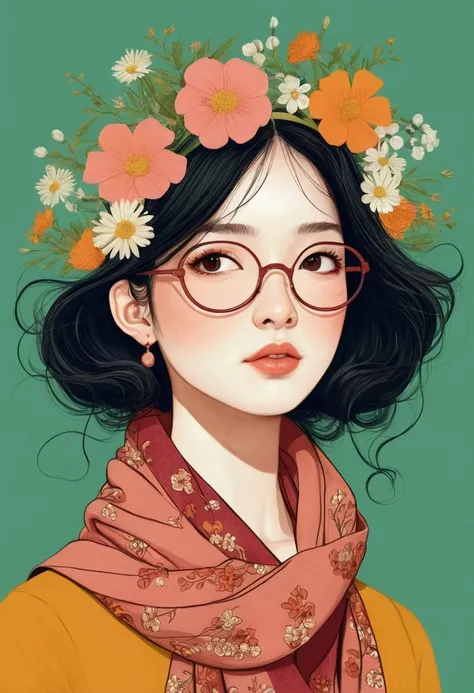 A face with flowers、Illustration of a lady wearing a scarf, 采用数码Illustration style, The art of math. @mariomaniacdude, The art of math illustration, Flowers covering eyes, Flower-faced girl, Cute illustrations, The breath of spring, Illustration Art, Illus...