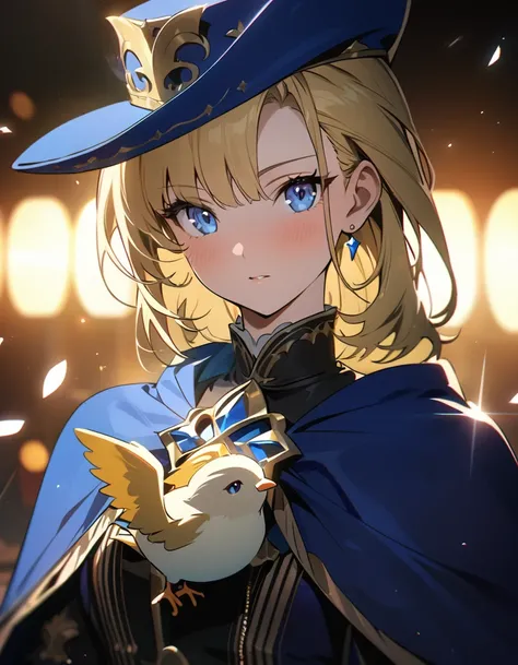 "{{masterpiece}}, Highest quality, Cinema Lighting, Captivating lens flare,Wearing a blue cape and hat、Anime character holding a bird, Portrait of the Blonde Prince, Inspired by Le Chevalier,Machiavelli&#39;s Puppet Master, okita sougo, 青い目をした背の高いアニメのmale,...