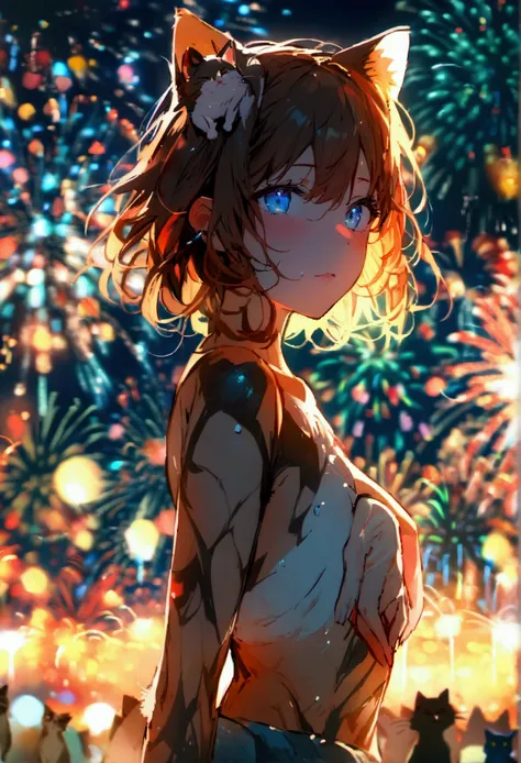 masterpiece, highest quality, cat, one girl, nude,beautiful eyes,fireworks festival,whole body,are standing