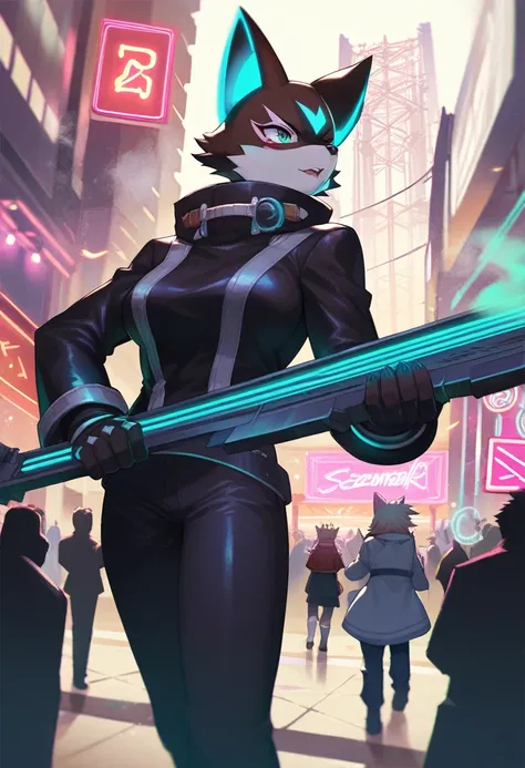 masterpiece, best quality, novel illustration, highres, steam-punk meets sci-fi, rubber suit, neon lights glowing, station platform crowded, (1boy, 1girl, hero, heroine, kemono, furry, anthro), shoots weapon, alluring neon-glow, steam-punk world, gothic at...