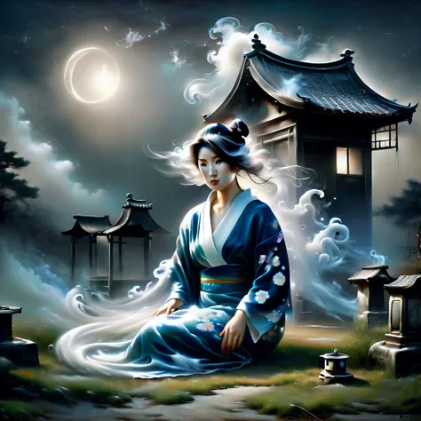 ghost in the moonlight，unhappy young woman in kimono、airbrush style, beautiful details、the lower half of the body becomes smoky、...