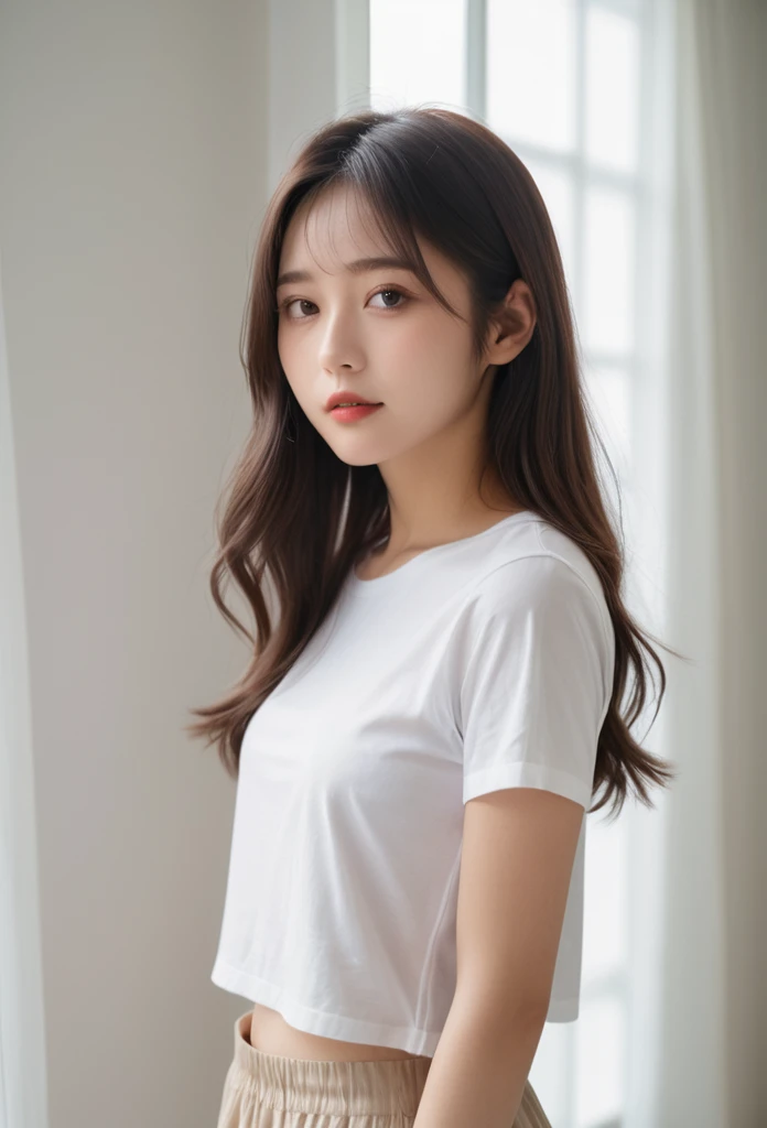 Japanese women, (close:2), (Natural light),Wavy Hair, amount, (Dark brown eyes),(From the side), (Downward eyes),
(White T-shirt),(Dynamic pose)model、Selfie style
(See-through curtains, Bright room)