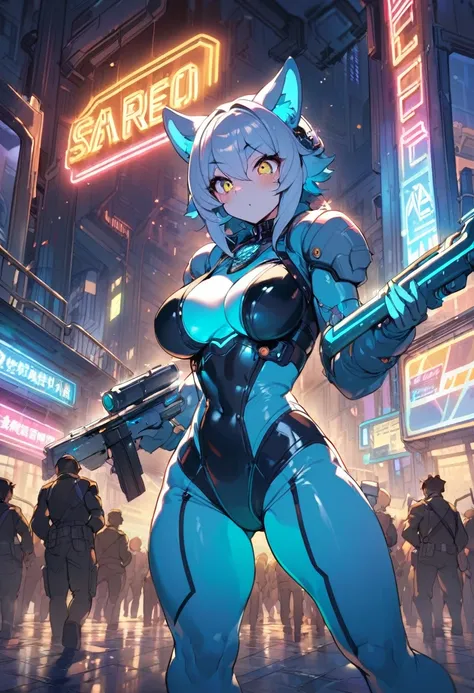 masterpiece, best quality, novel illustration, highres, steam-punk meets sci-fi, rubber suit, neon lights glowing, station platform crowded, (1boy, 1girl, hero, heroine, kemono, furry, anthro), shoots weapon, alluring neon-glow, steam-punk world, gothic at...