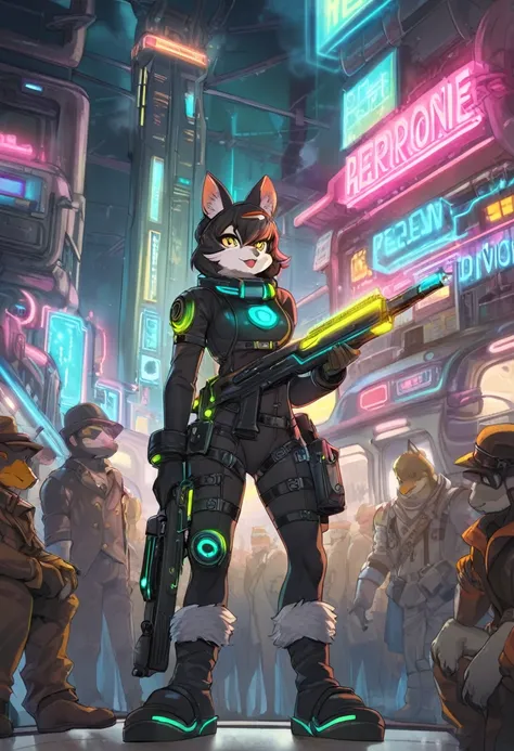 masterpiece, best quality, novel illustration, highres, steam-punk meets sci-fi, rubber suit, neon lights glowing, station platform crowded, (1boy, 1girl, hero, heroine, kemono, furry, anthro), shoots weapon, alluring neon-glow, steam-punk world, gothic at...