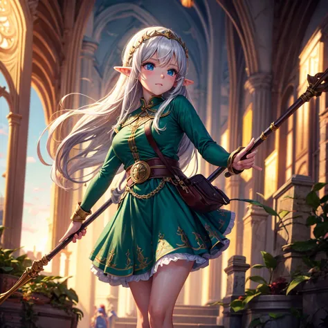 elf Girl holding a staff and standing as support Camera angle looking down