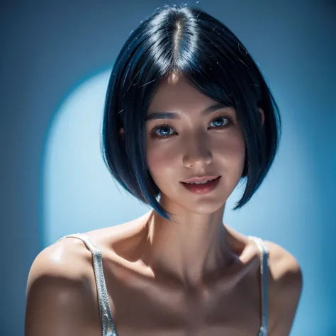 High Resolution, bob cut , Smile,  blue hair , hair