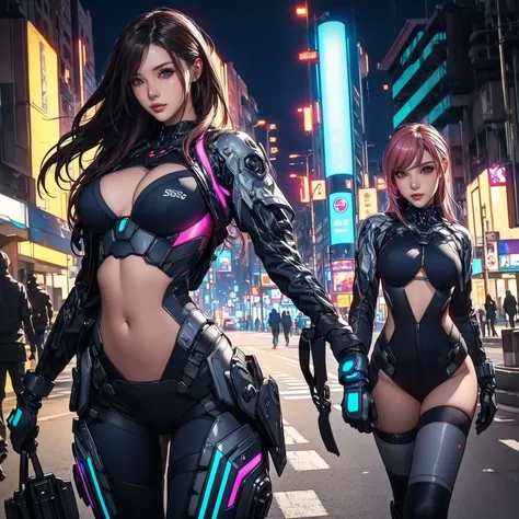 Images of women in their 50s on the streets of the city, Hero pose Colorful city lights, Cyber Suit, diverse Cyber Suit, Cyber Universe Style, BoobsCyberpunk, [ Trending on CGSociety ]!!, Cyberpunk Women, Lostrun 8k, Official Fan Art, cgsociety masterpiece...