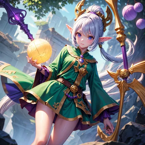 elf Girl holding a staff and standing as support Camera angle looking high The staff is a wooden staff with a purple orb as its core.