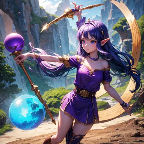 elf Girl holding a staff and standing as support Camera angle looking high The staff is a wooden staff with a purple orb as its core.