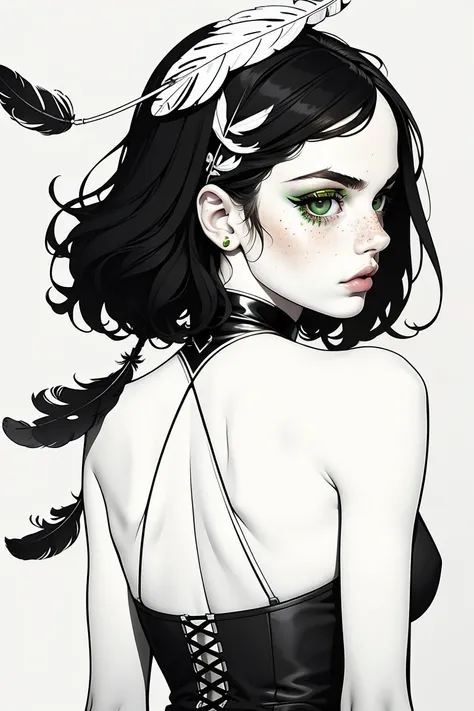 partially colored, lineart-stil, (​masterpiece, best quality:1.2), (simple backround:1.5), 1 girl, (black and white feathers, sy...