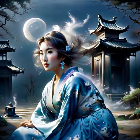 ghost in the moonlight，a young beautiful woman in a kimono、airbrush style, beautiful details、the lower half of the body becomes ...