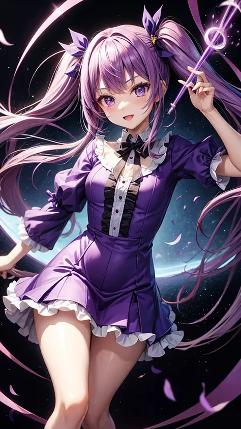 Anime  girl with magic purple wand with purple twin tail hair, transparant dress