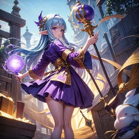 elf Girl holding a staff and standing as support Camera angle looking high The staff is a wooden staff with a purple orb as its core. Wear pajamas