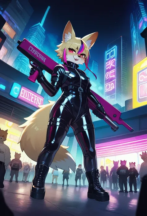 masterpiece, best quality, novel illustration, highres, steam-punk meets sci-fi, rubber suit, neon lights glowing, station platform crowded, (1boy, 1girl, hero, heroine, kemono, furry, anthro), shoots weapon, alluring neon-glow, steam-punk world, gothic at...