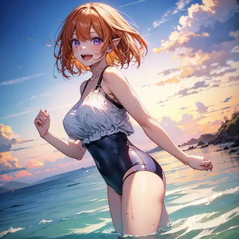 sunglasses on forehead, have a swim ring, beach, bitch, elf ears, highest quality,best image quality,perfect anatomy,masterpiece...