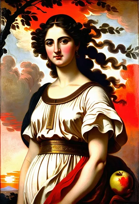 [[(front full portrait: (young Greek woman of the period of antiquity with apple)in a white Greek tunic), on Parnas, ((Joshua Reynolds style)), [dress ((Joshua Reynolds style))]):20]/[background: ancient Greece ampir
 , old canva, (scarlet sunset), ((style...