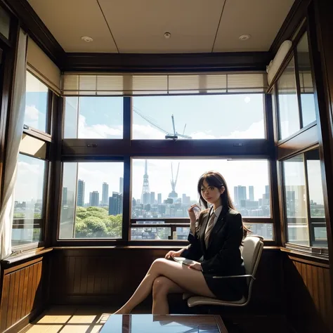 A beautiful secretary sitting in a bay window. Outside the window is Tokyo Tower.