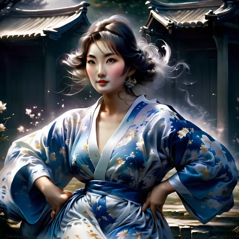 Ghost in the Moonlight，A young beautiful woman in a kimono、Airbrush Style, Beautiful details、The lower half of the body becomes smoky、A maiden standing near an old well、A rundown house