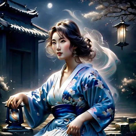 ghost in the moonlight，a young beautiful woman in a kimono、airbrush style, beautiful details、the lower half of the body becomes ...