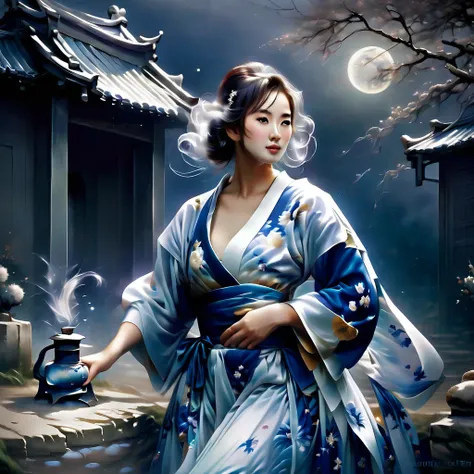 ghost in the moonlight，a young beautiful woman in a kimono、airbrush style, beautiful details、the lower half of the body becomes ...