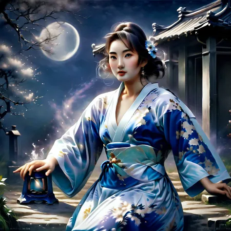 Ghost in the Moonlight，A young beautiful woman in a kimono、Airbrush Style, Beautiful details、The lower half of the body becomes smoky、A maiden standing near an old well、A rundown house