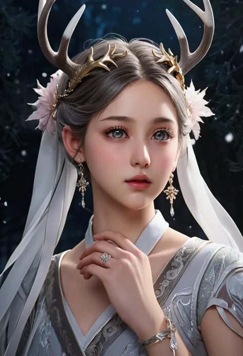 (score_9, score_8_up, score_7_up), masterpiece, beautiful detailed face, extreme details eyes, absurdres, ultra-detailed, best quality, 1girl, grey eyes, Detailed irises, echo2 dress, solo, blush, closed mouth, softly parted lips, calm, twintails, antler h...