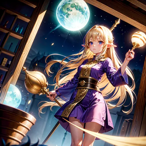 elf Girl holding a staff and standing as support Camera angle looking high The staff is a wooden staff with a purple orb as its core. Wear pajamas Blond hair, expressionless face Long hairstyle that reaches the floor