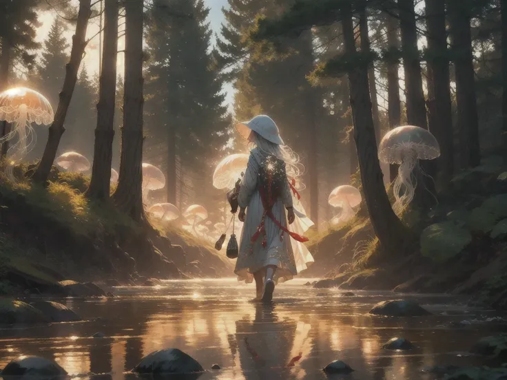 red jellyfish,jellyfishforest, 1girl, long hair, dress, solo, white hair,red hat,mushroom, nature, outdoors, tree, walking, forest, water