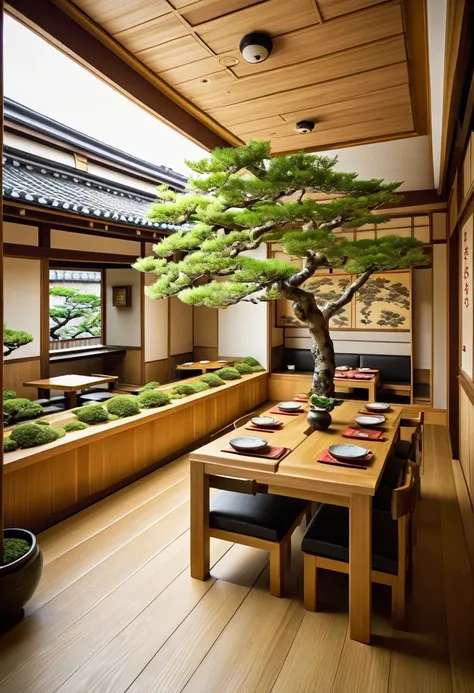 interior designs, (reception zone:1.3), large restaurant, Japan, ramen, traditional, koi fish on floor, cedar wood, use larger winddown, (Sakura tree: 1.1) (decor by chochin, screen (shoji),hang sliding door panels (fusuma) on the ceiling, Place potted pla...