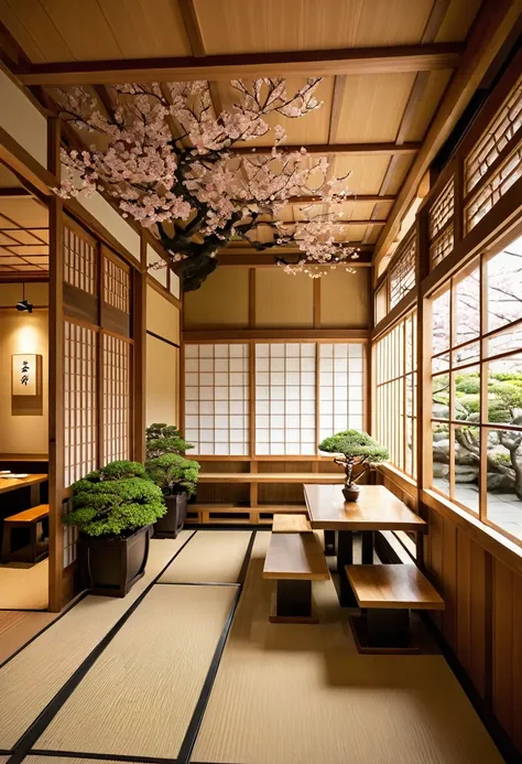 interior designs, (reception zone:1.3), large restaurant, Japan, ramen, traditional, koi fish on floor, cedar wood, use larger winddown, (Sakura tree: 1.1) (decor by chochin, screen (shoji),hang sliding door panels (fusuma) on the ceiling, Place potted pla...