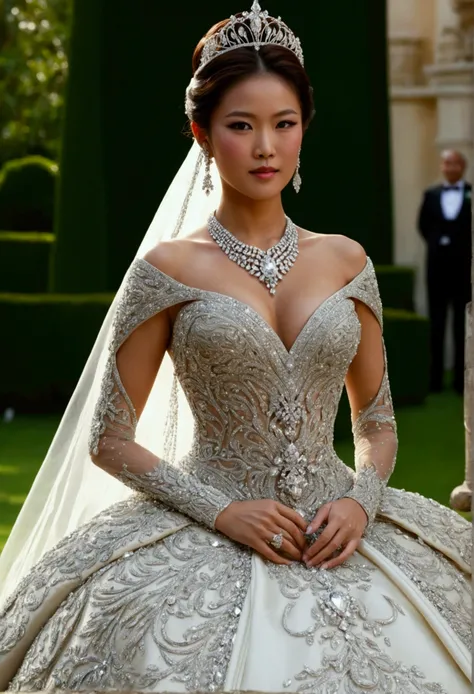 Diamond-encrusted wedding dress，Beautiful Asian princess, Dressed in the most beautiful royal gown, The dress is covered with jewels and diamonds, Her necklace is made of diamonds and gemstones, Her cleavage is clearly visible, Her breasts are really big.D...