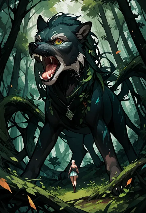 cover page, A girl and a wolf meet in the forest, flat Design,  vector illustrations,