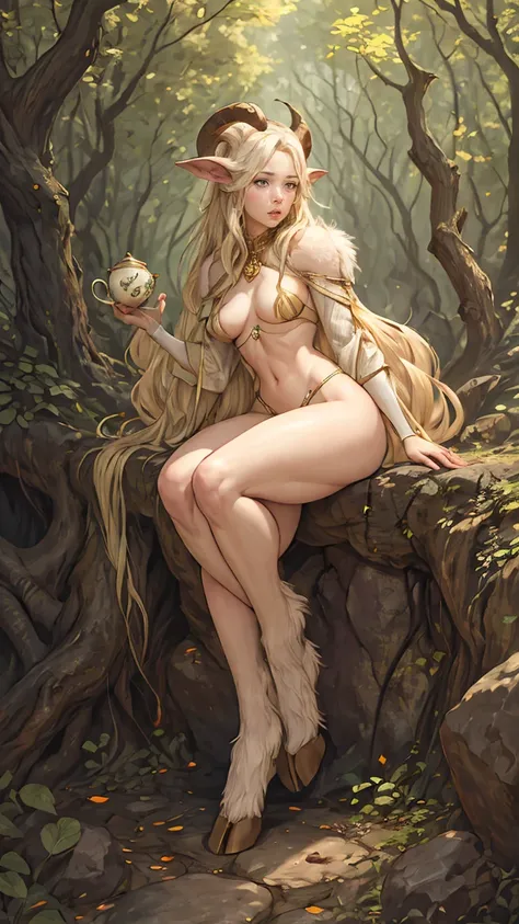 white hair, A faun female in the forest, satyr, woman, fantasy(masterpiece, best quality, photorealistic, detailed shiny skin:1.2), flawless, 8k, RAW, highres, (dark night:1.1), goat legs, fur legs, hooved, goat horns,  long black hair, looking at viewer, ...