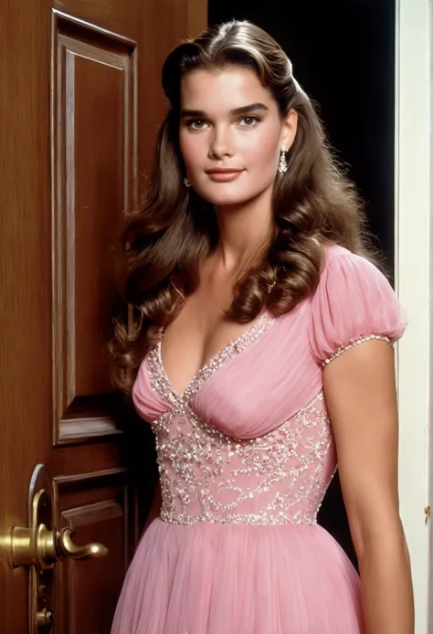  Young 16 year old Brooke shields ((looking very beautiful)) ((((very beautiful face)))) ((( standing beside door wearing pink dress)))