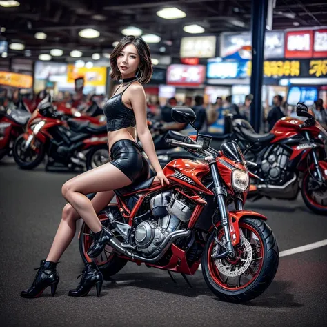 (extremelydetailed((song joo a))) clearly visible the shape of butt, radiant ivory skin with transparency, motor cycle event gir...