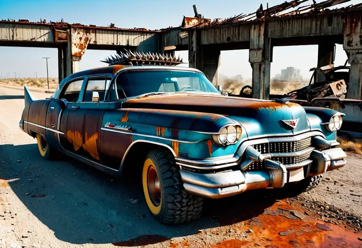 Create a diagonal and accurate image of an 18 year old girl with sunglasses leaning against an old rusty and dirty 1955 Cadillac Eldorado with METAL spikes on the hood, War vehicle, WITH MANY SKEWERS AROUND the bodywork. WIDE AND THICK DIRTY WHEELS, front ...