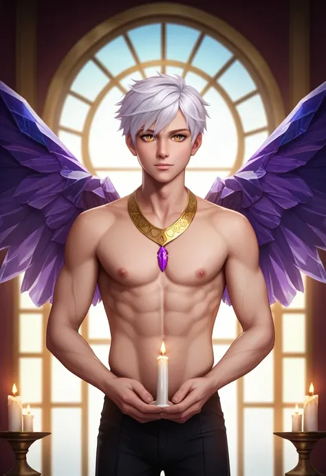 masterpiece, best quality, Detailed eyes, detailed face, Solo Male, ((man)), 1man, athletic build, Aasimar, short hair, ((White Hair)), golden eyes, ((gold eyes)), black outfit, Gold Trim, wearing a crystal necklace, (((purple crystal))), wings, ((angle wi...