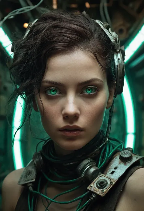 A stunningly beautiful woman with porcelain-like skin, sharp cheekbones, and piercing emerald green eyes, is positioned in a dramatic close-up shot, filling the frame, inside an abandoned, decrepit space station, with a backdrop of complex, metallic compon...