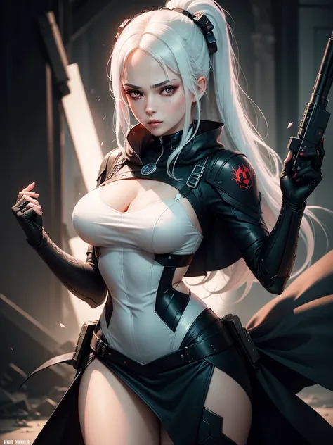 There was a woman with red eyes and white hair, wearing a black dress, holding a gun.,Semi-sheer gauze position on the chest, High quality 8k detailed artwork., Ross Tran Style, deviantart artstation cgscosiety, In the style of Ross Tran, Ross Tran 8 g, Gu...