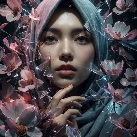 A captivating digital artwork by Mozza, featuring an Indonesian woman wearing a hijab. The womans reflection is depicted through translucent chromatic glass shards, creating an abstract and elegant aesthetic. She is surrounded by shattered and scattered fl...