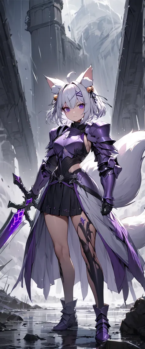 UHD, masterpiece, best quality, a stormy rainy day, 1girl, solo, Filian, ((fox tail)), cat ears, white hair, short hair, ahoge, hairclip, hair bell, big round eyes, deep purple eyes, ((dark purple eyes)), wearing knights armor, holding a very large sword, ...